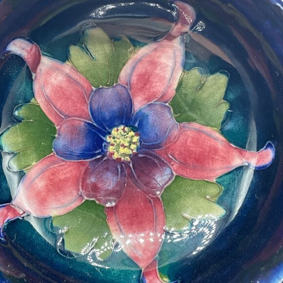 Moorcroft Art Pottery Columbine Hand Painted Blue 4.25" Footed Bowl Vintage - Picture 4 of 6